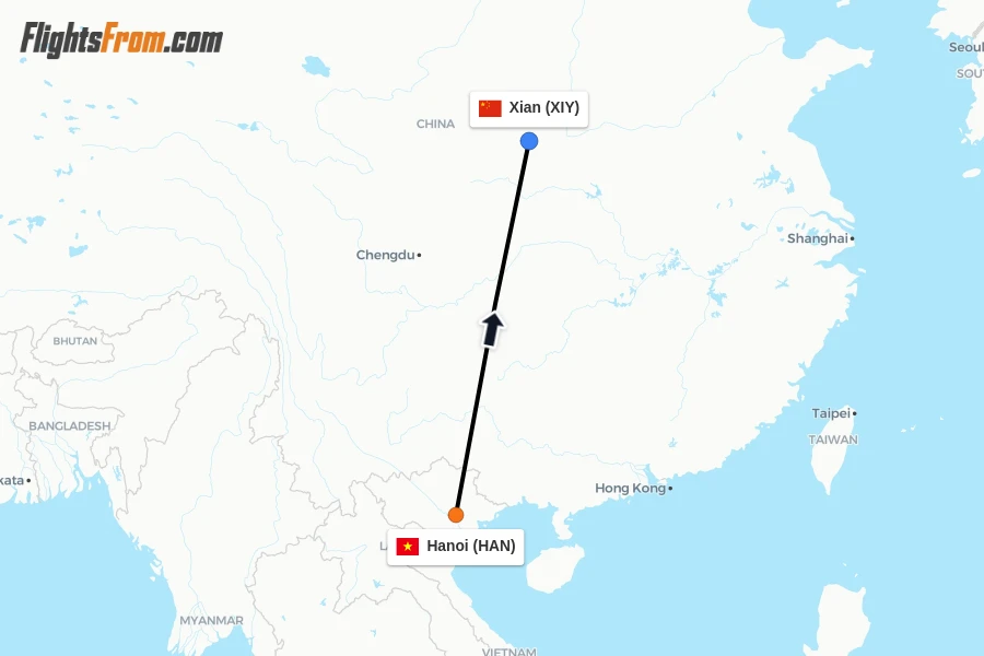Flights from Hanoi to Xian route map
