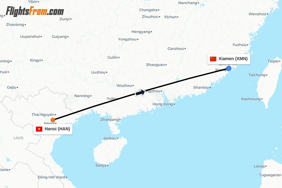 Flights from Hanoi to Xiamen route map