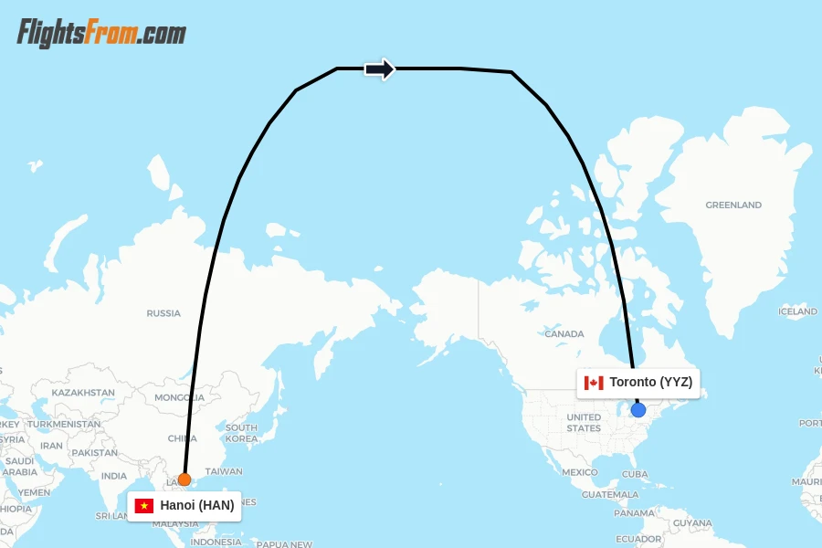 Flights from Hanoi to Toronto route map