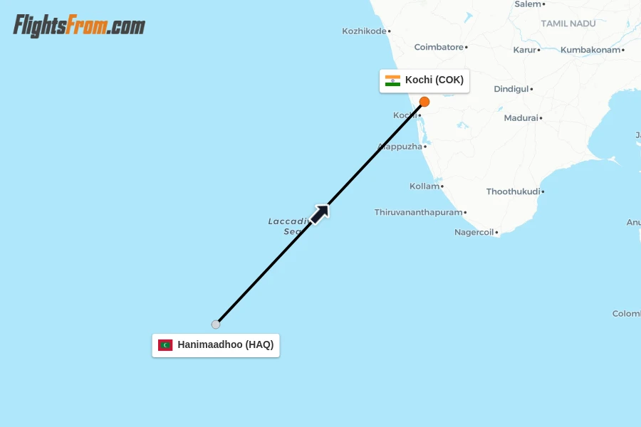 Flights from Hanimaadhoo to Kochi route map