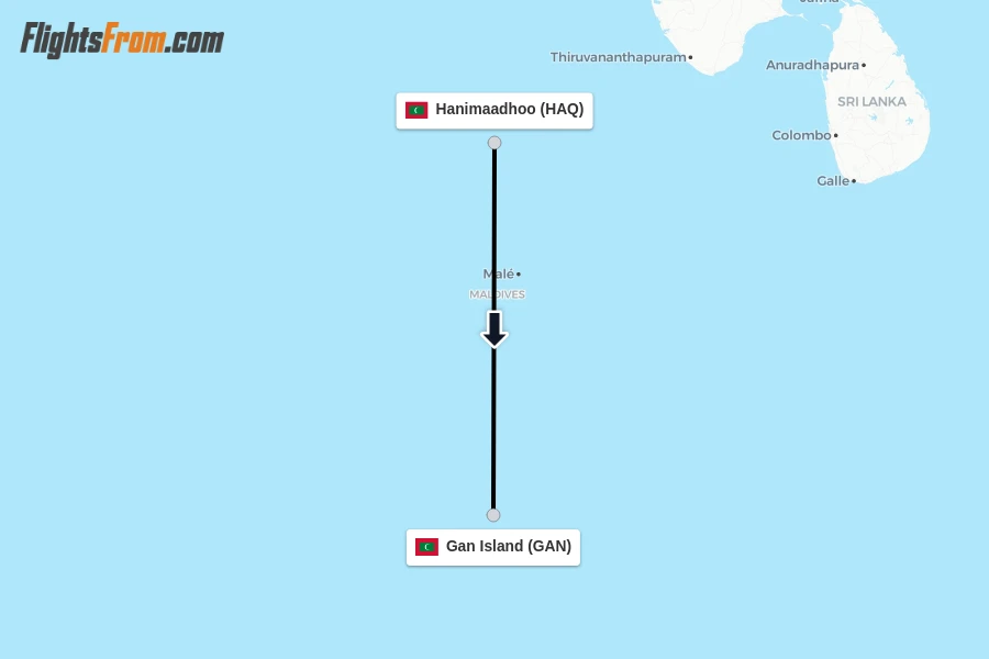 Flights from Hanimaadhoo to Gan Island route map