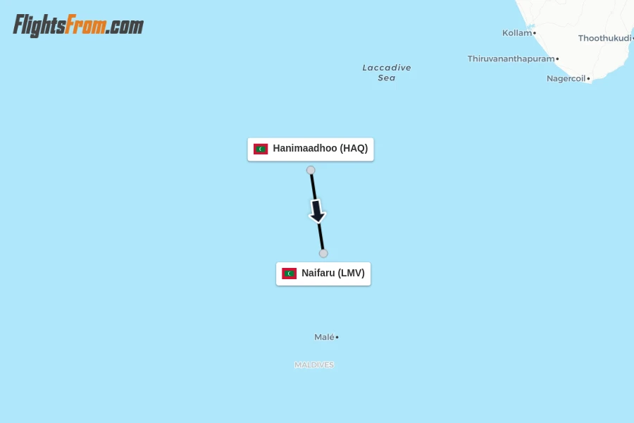 Flights from Hanimaadhoo to Naifaru route map