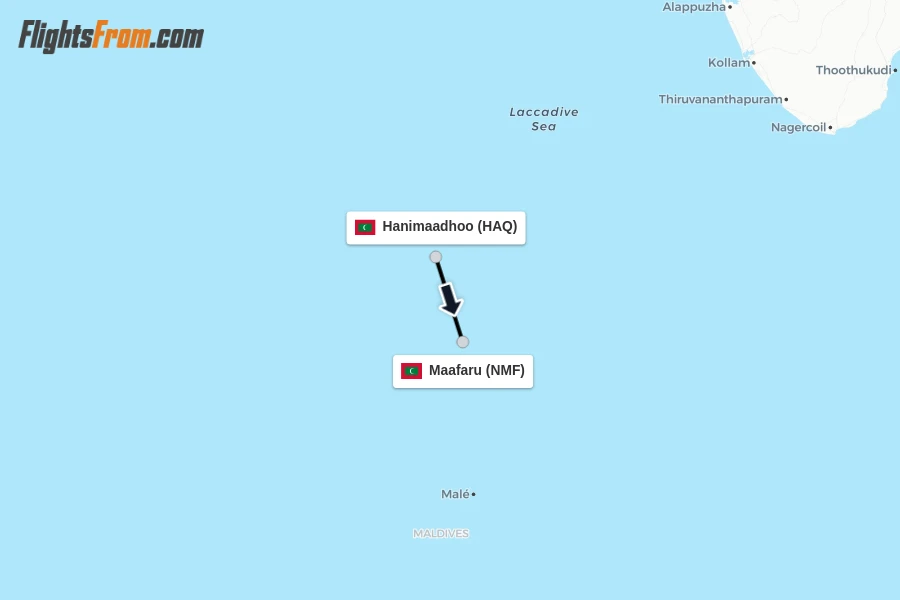 Flights from Hanimaadhoo to Maafaru route map