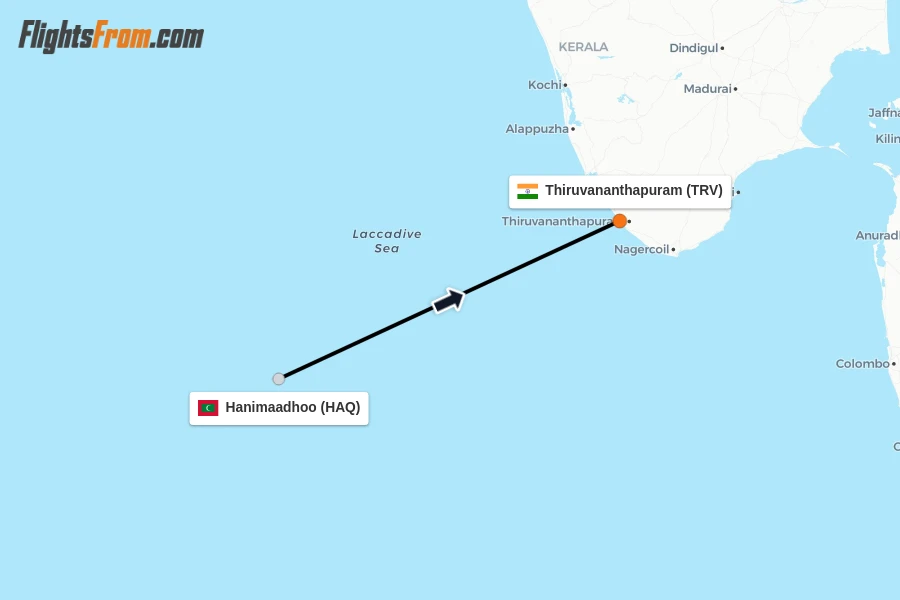 Flights from Hanimaadhoo to Thiruvananthapuram route map