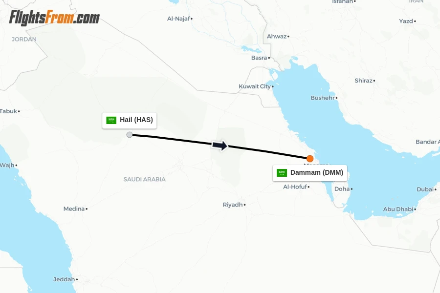 Flights from Hail to Dammam route map
