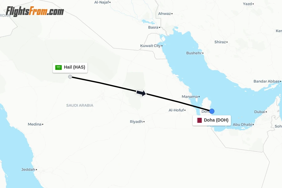 Flights from Hail to Doha route map