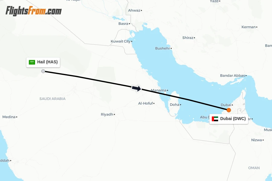 Flights from Hail to Dubai route map