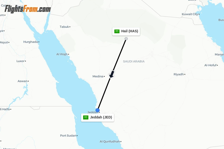 Flights from Hail to Jeddah route map
