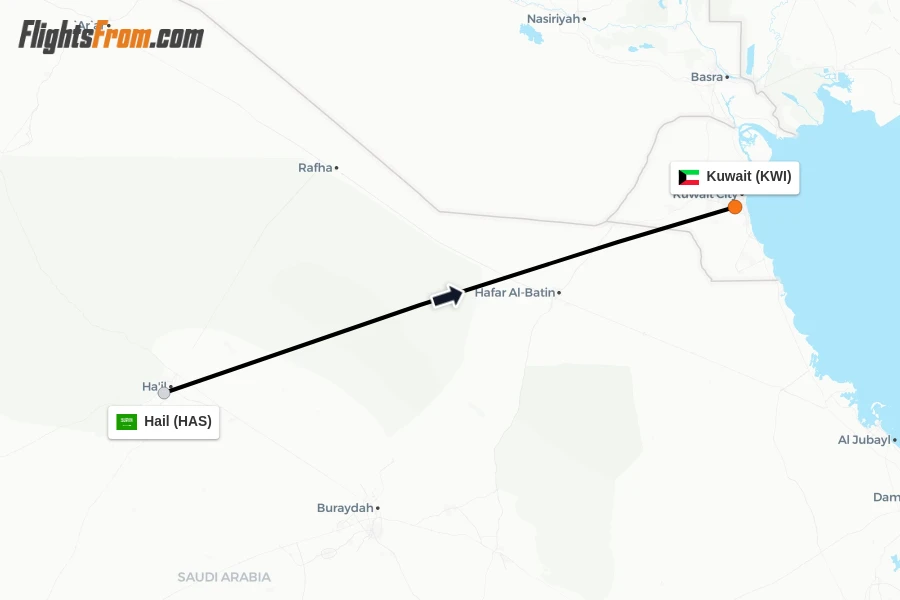 Flights from Hail to Kuwait route map
