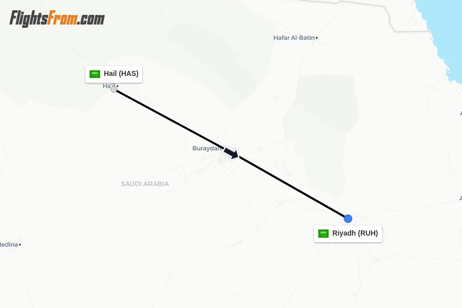 Flights from Hail to Riyadh route map
