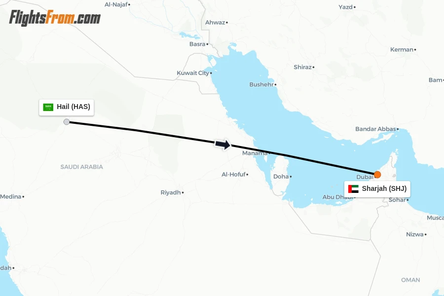 Flights from Hail to Sharjah route map