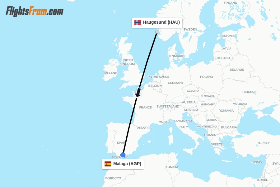 Flights from Haugesund to Malaga route map