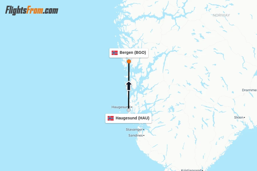 Flights from Haugesund to Bergen route map