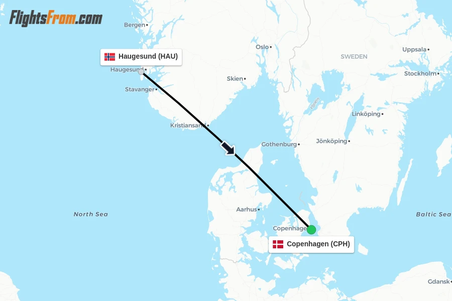 Flights from Haugesund to Copenhagen route map