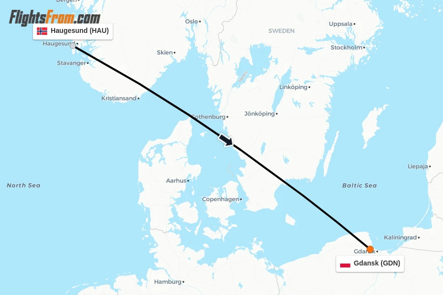 Flights from Haugesund to Gdansk route map
