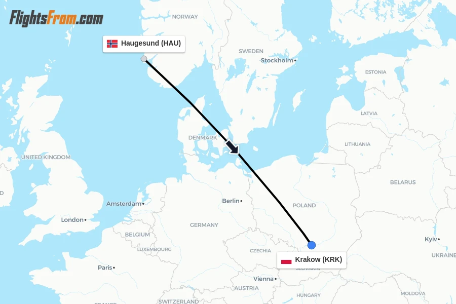Flights from Haugesund to Krakow route map