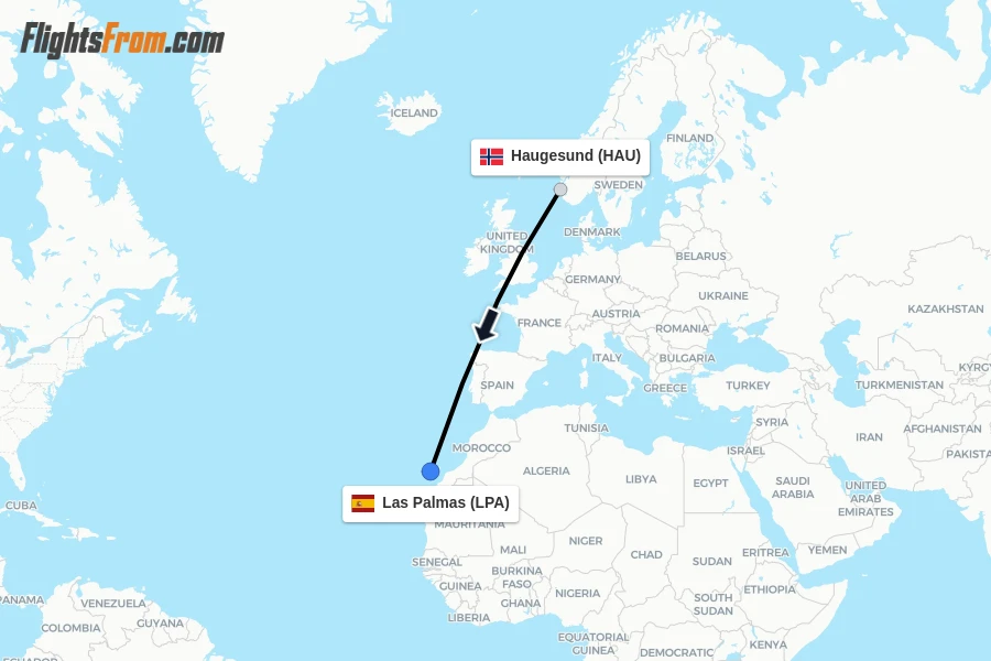 Flights from Haugesund to Las Palmas route map