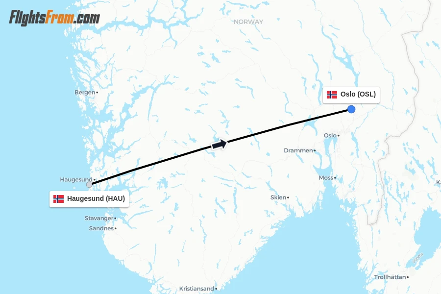 Flights from Haugesund to Oslo route map