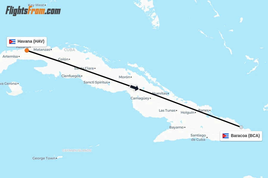 Flights from Havana to Baracoa route map