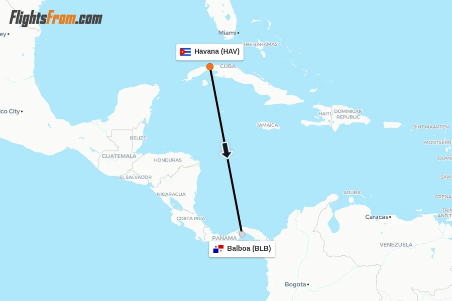 Flights from Havana to Balboa route map