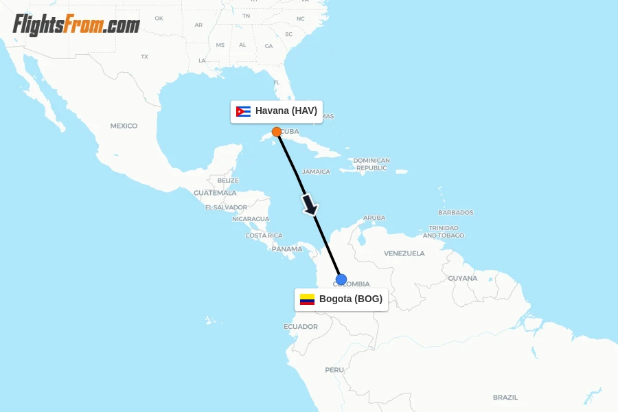 Flights from Havana to Bogota route map