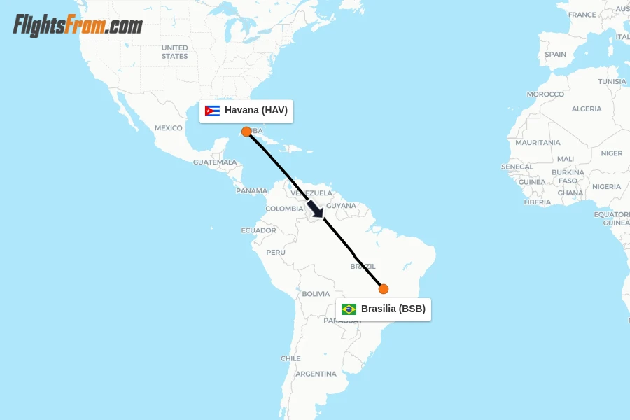 Flights from Havana to Brasilia route map