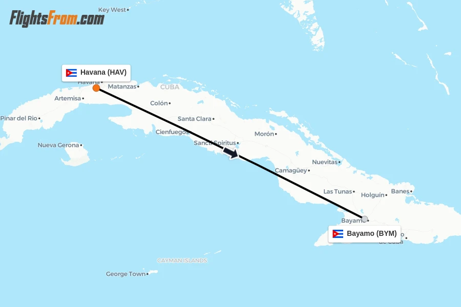 Flights from Havana to Bayamo route map