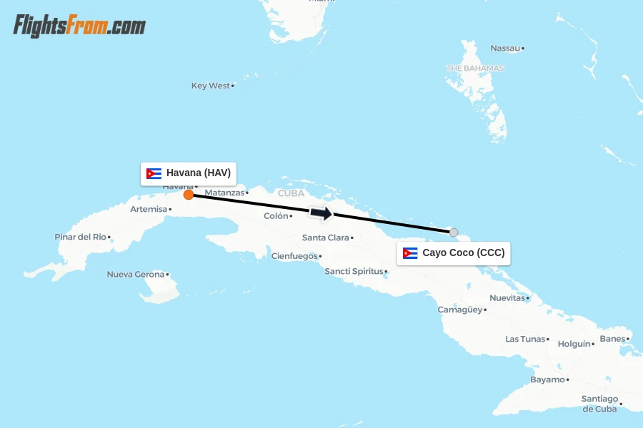 Flights from Havana to Cayo Coco route map