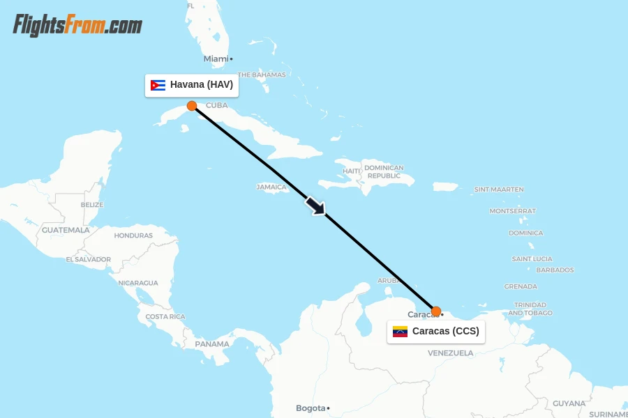 Flights from Havana to Caracas route map