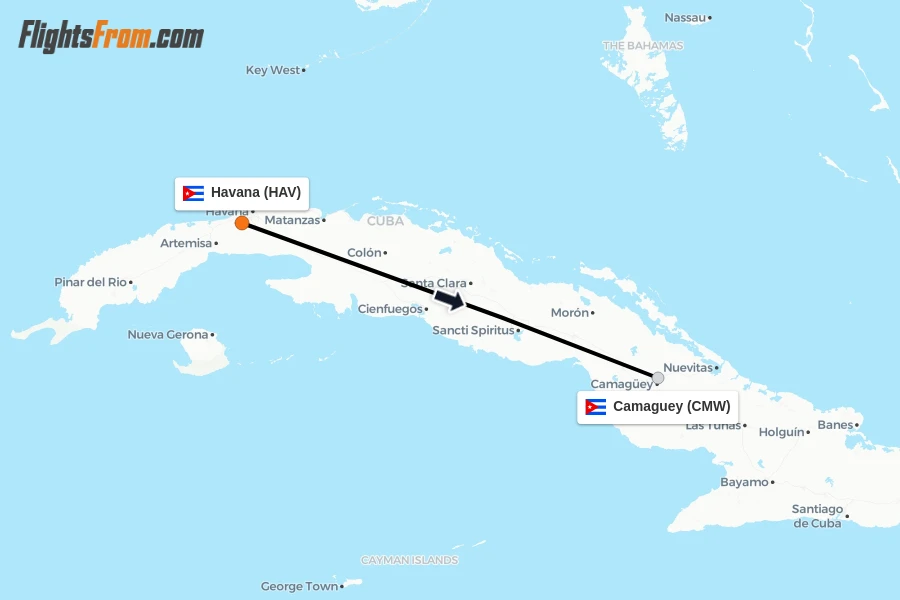 Flights from Havana to Camaguey route map