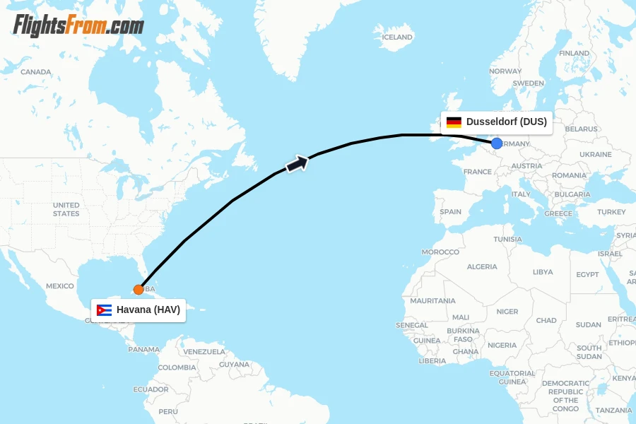 Flights from Havana to Dusseldorf route map