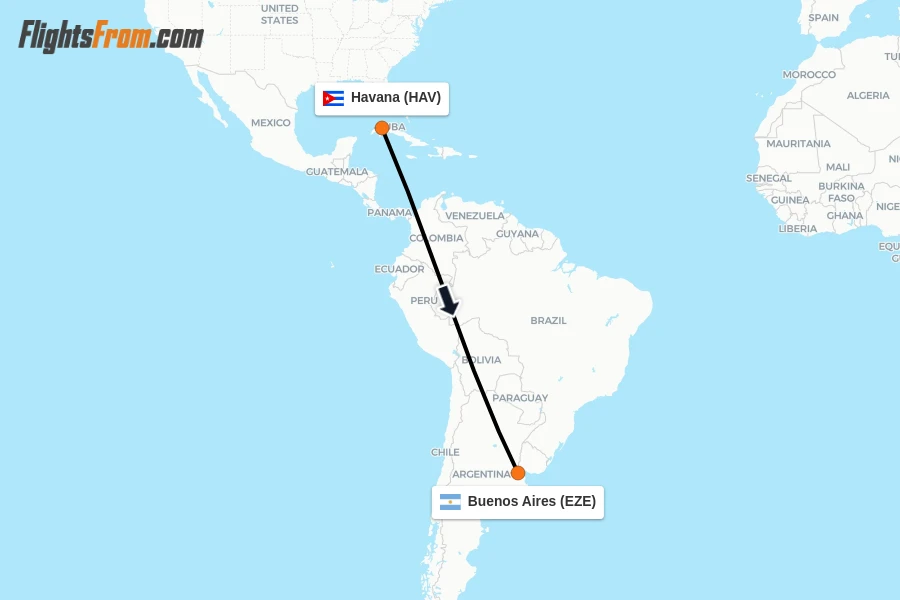 Flights from Havana to Buenos Aires route map