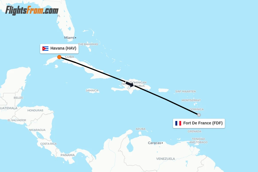 Flights from Havana to Fort De France route map
