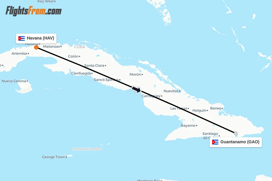 Flights from Havana to Guantanamo route map