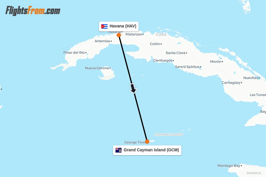 Flights from Havana to Grand Cayman Island route map