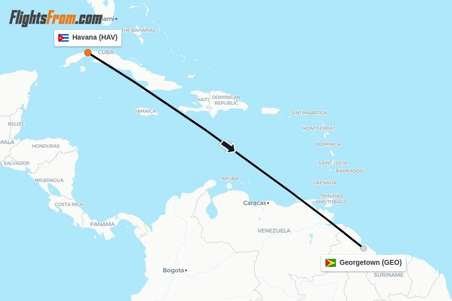 Flights from Havana to Georgetown route map