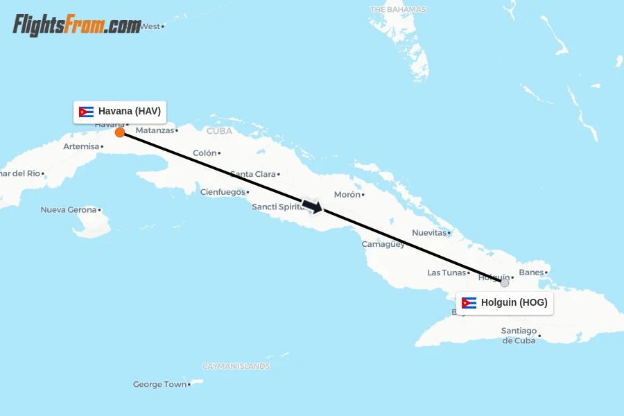 Flights from Havana to Holguin route map