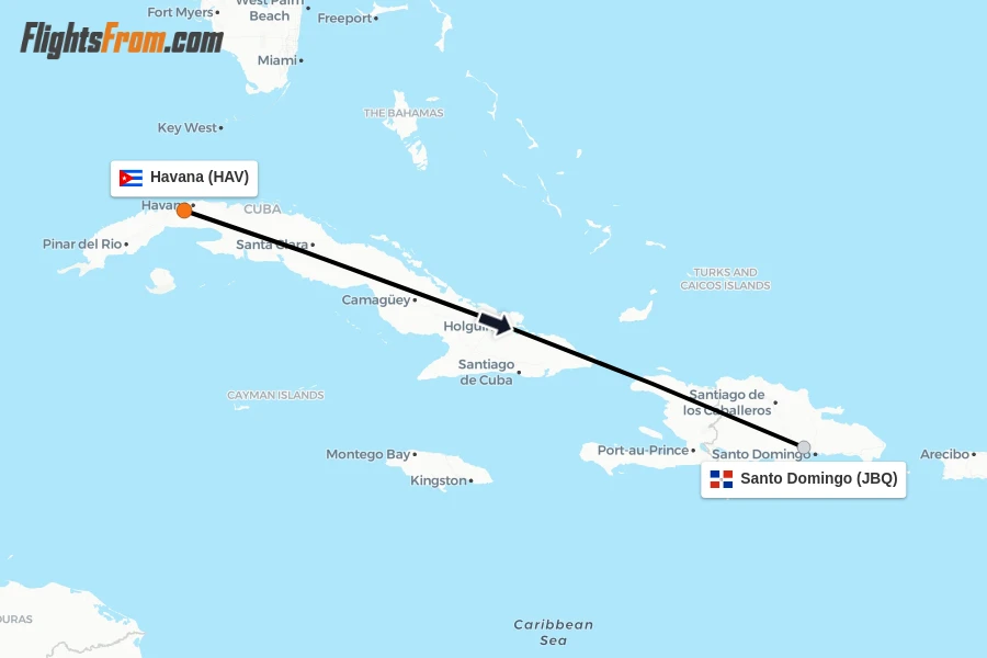 Flights from Havana to Santo Domingo route map