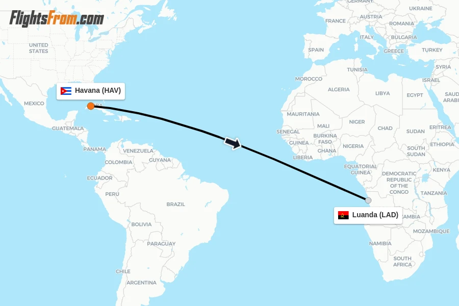 Flights from Havana to Luanda route map