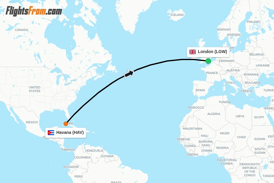 Flights from Havana to London route map