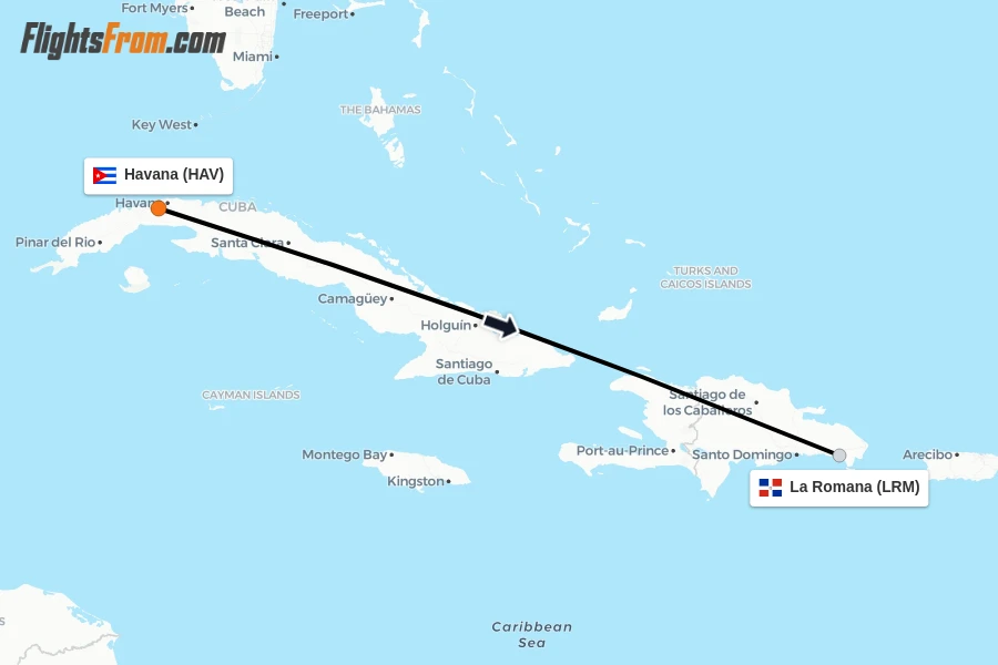 Flights from Havana to La Romana route map