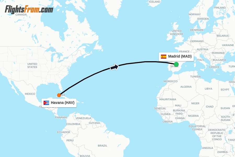 Flights from Havana to Madrid route map