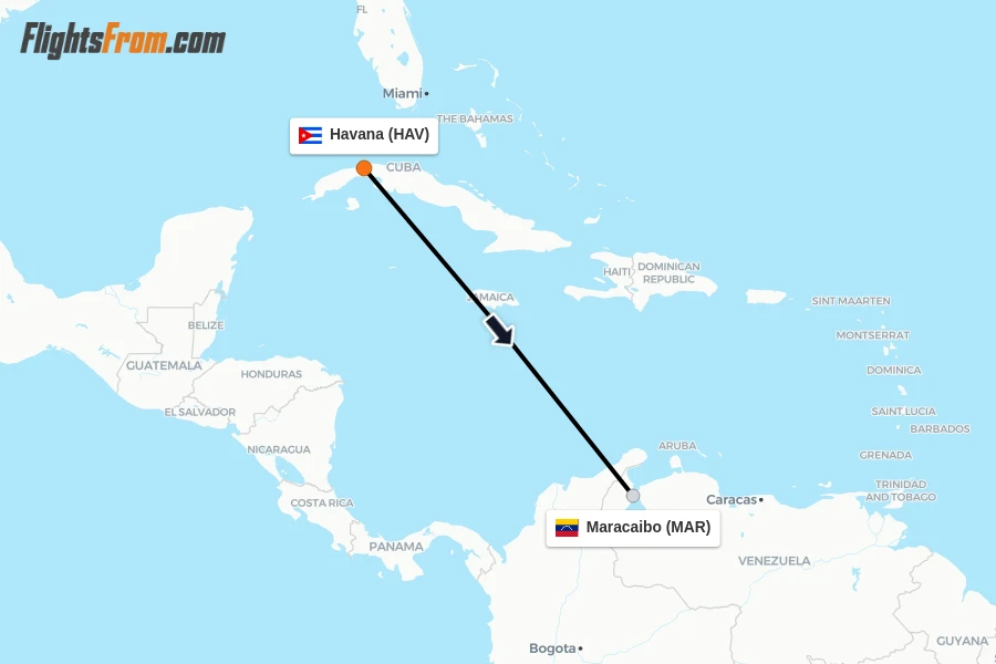 Flights from Havana to Maracaibo route map