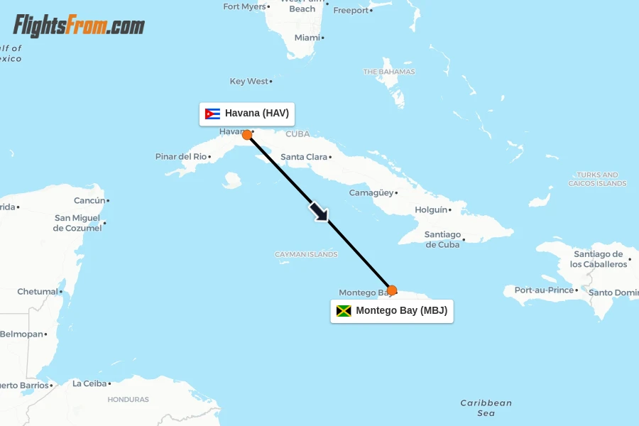 Flights from Havana to Montego Bay route map