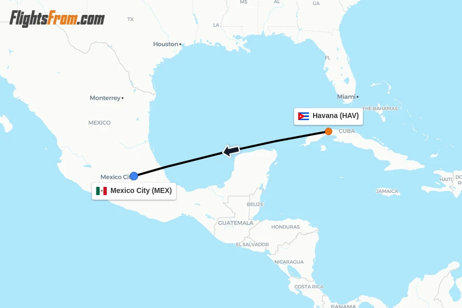 Flights from Havana to Mexico City route map