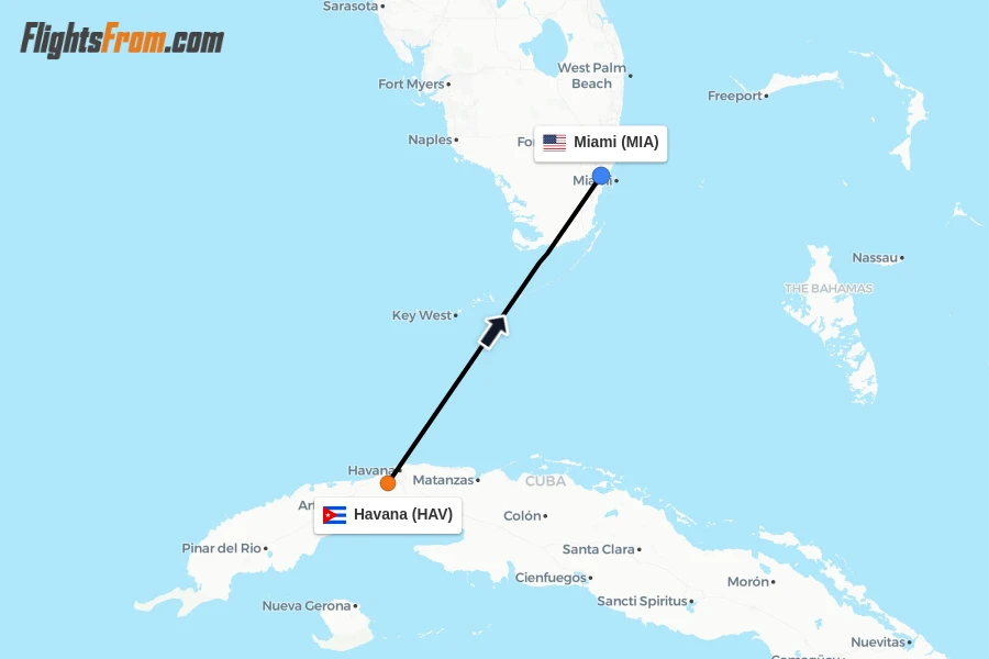 Flights from Havana to Miami route map