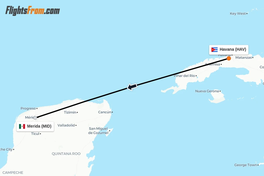 Flights from Havana to Merida route map