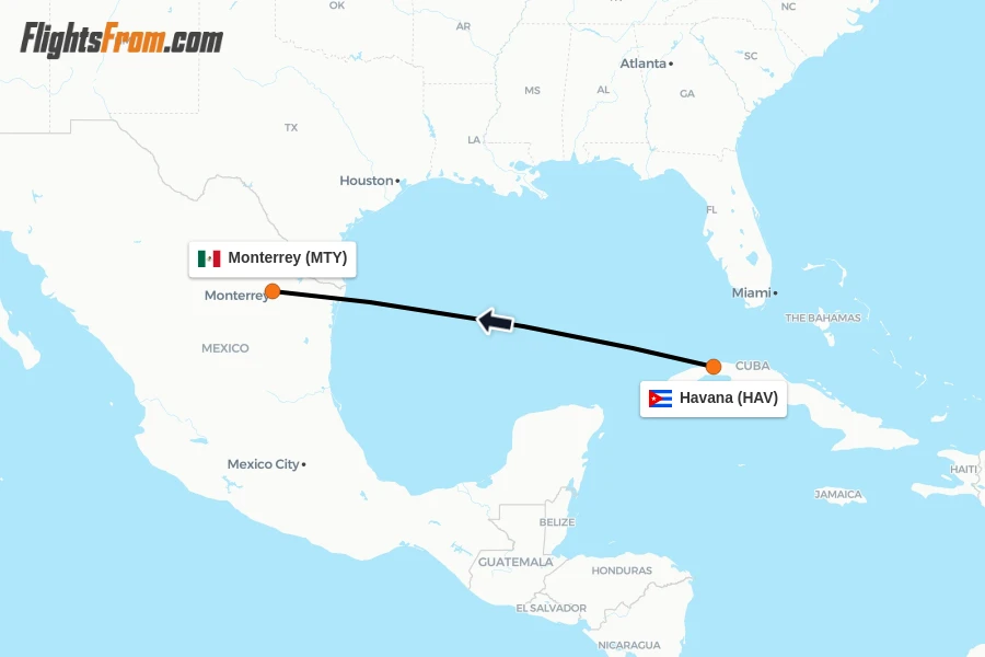 Flights from Havana to Monterrey route map
