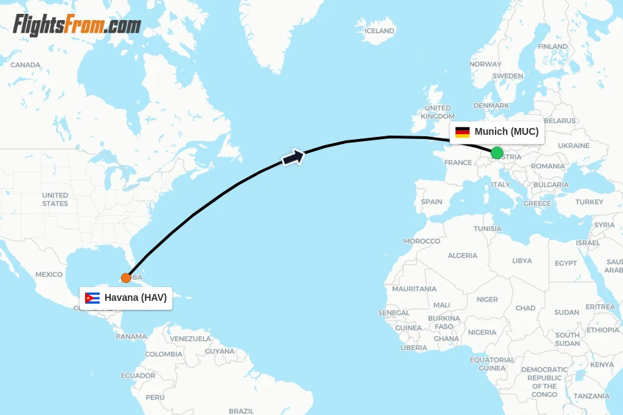 Flights from Havana to Munich route map