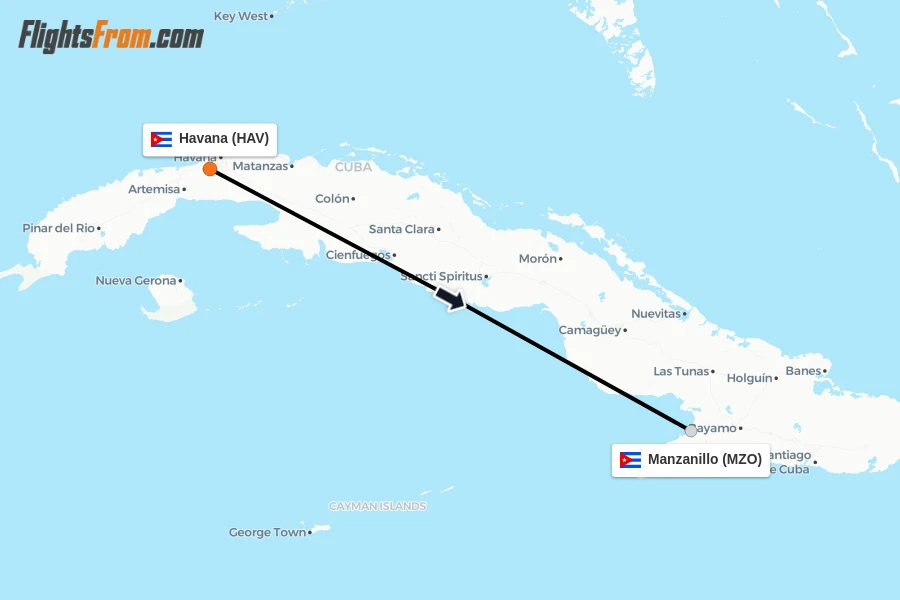 Flights from Havana to Manzanillo route map